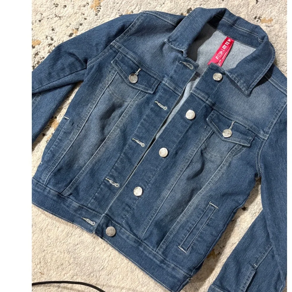 Pink Latte Girls Blue Denim Trucker Jacket Medium 8/10 Medium Wash Heart Buttons